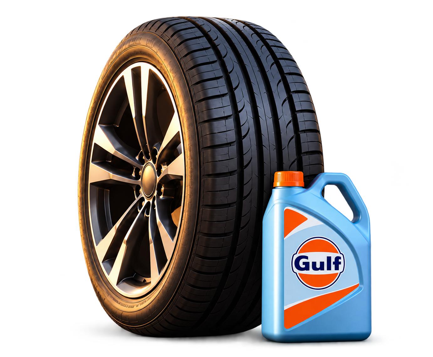 Neumático y garrafa de aceite Gulf